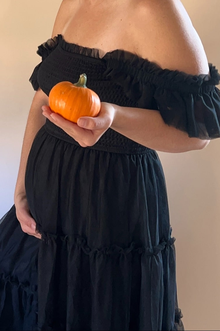 Black Smocked Mesh Ruffle Accent Maternity Midi Dress