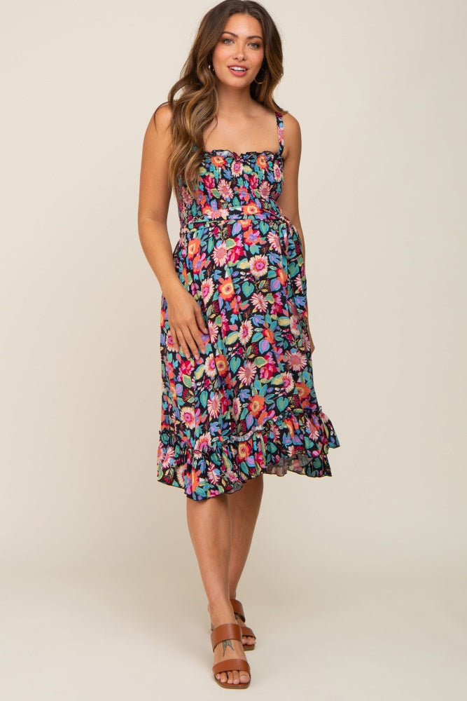 Black Floral Sleeveless Ruffled Maternity Dress