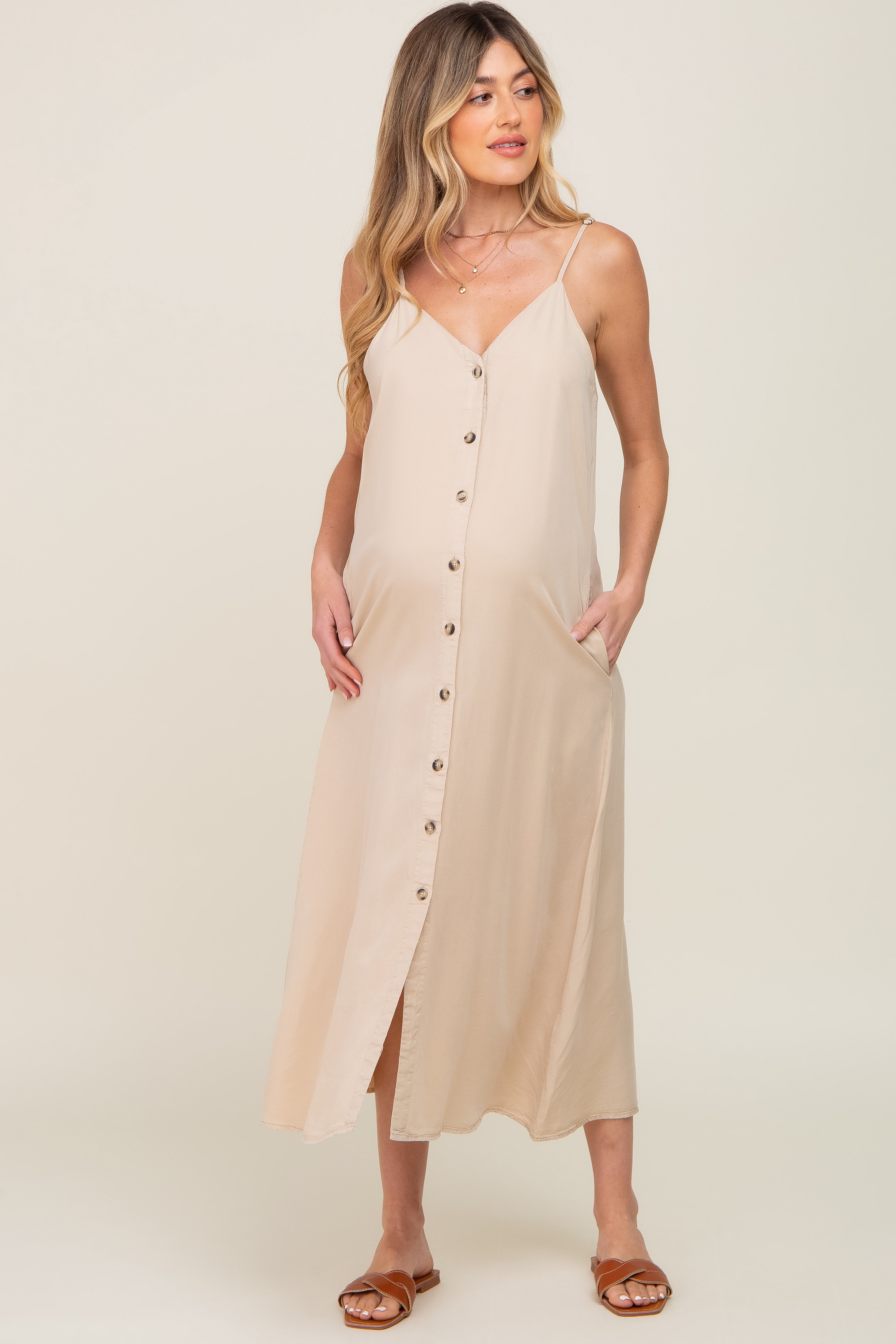 Beige Button Down Maternity Midi Tank Dress