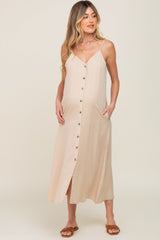 Beige Button Down Maternity Midi Tank Dress