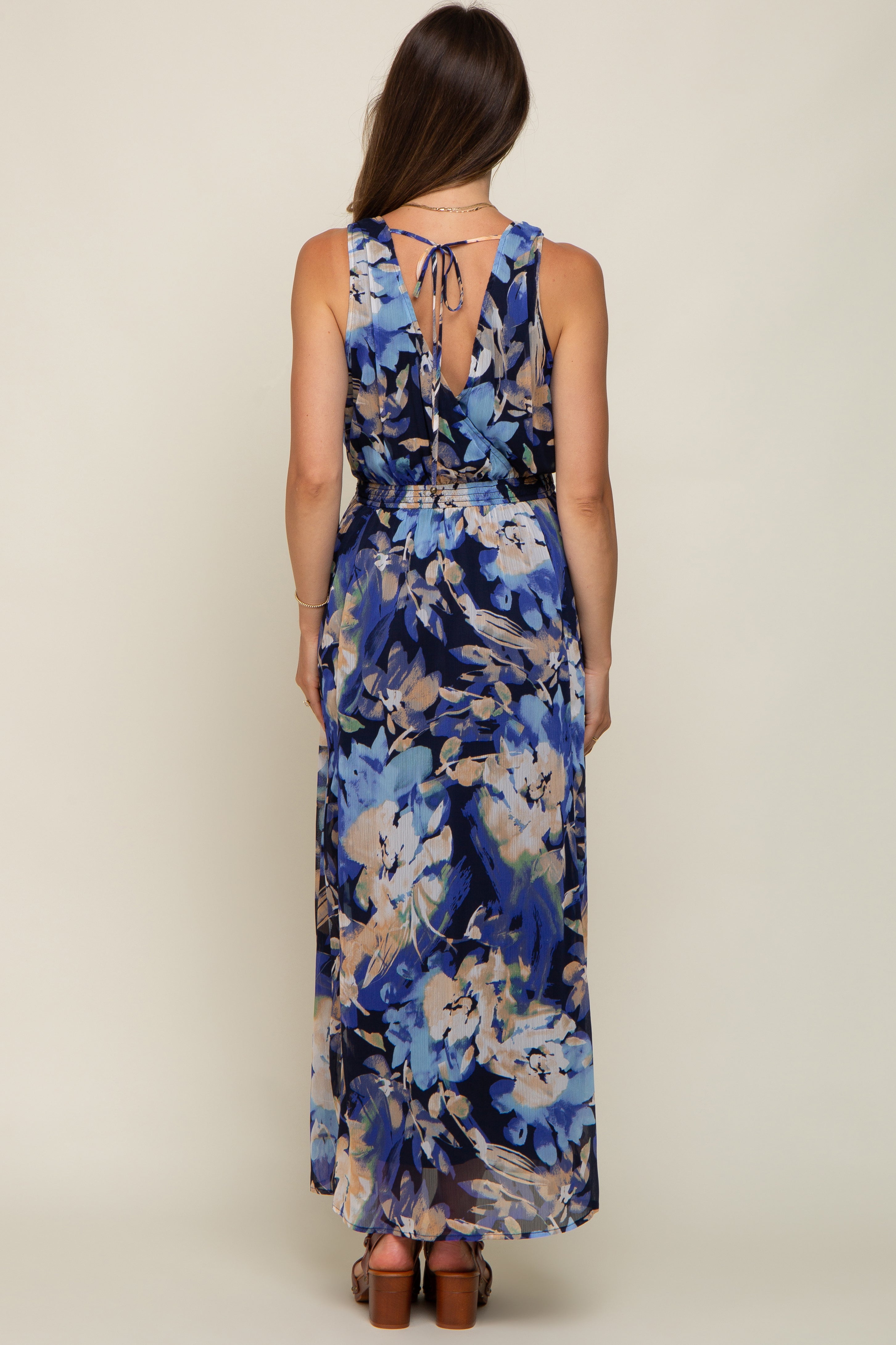 Navy Floral Pleated Waist Maternity Maxi Dress