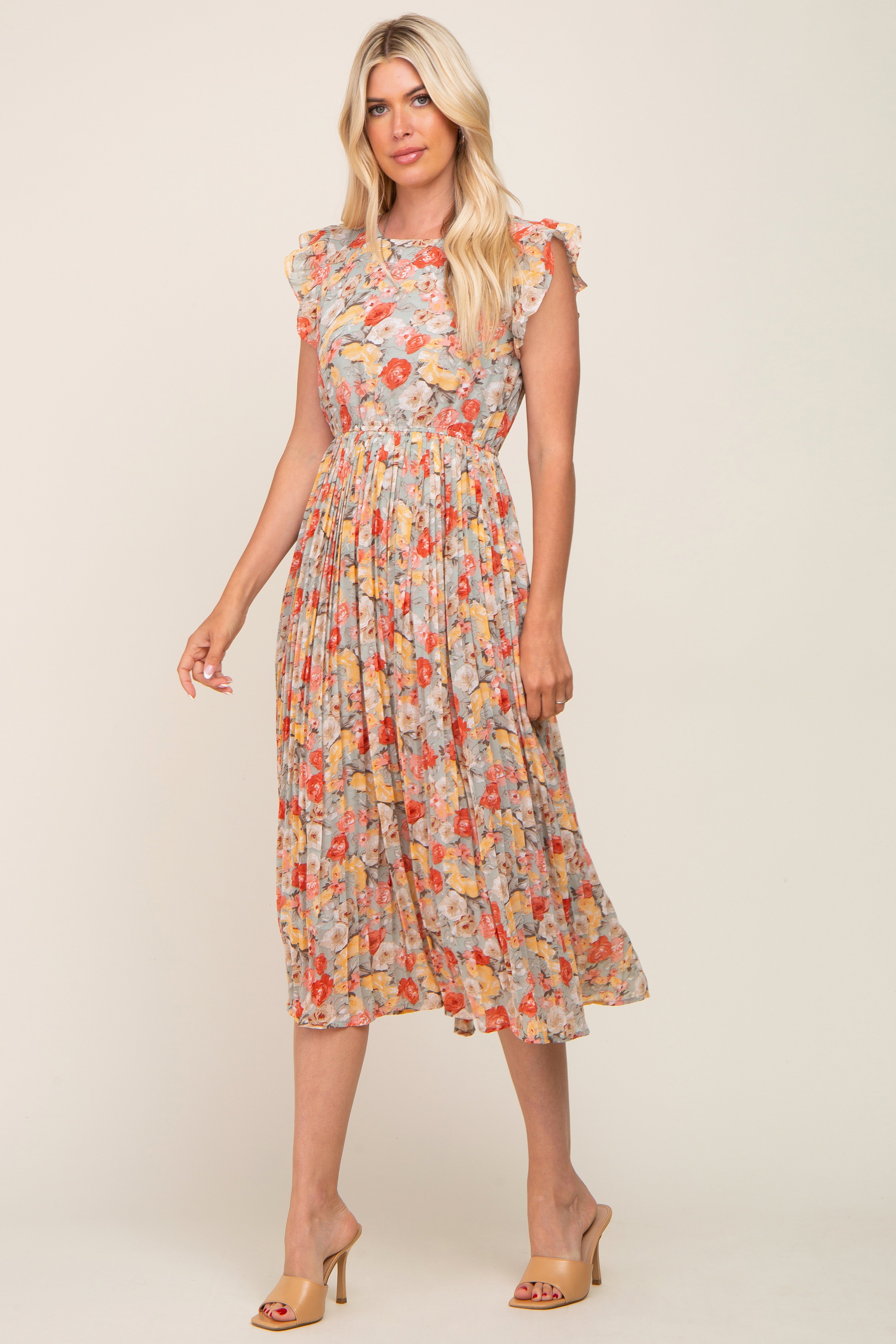 Mint Green Floral Chiffon Pleated Maternity Midi Dress