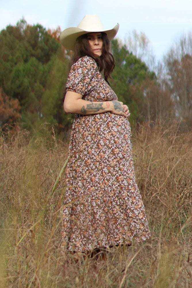 Mocha Floral Smocked Puff Sleeve Maternity Midi Dress