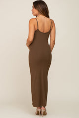 Olive Ribbed Basic Maternity Midi Dress