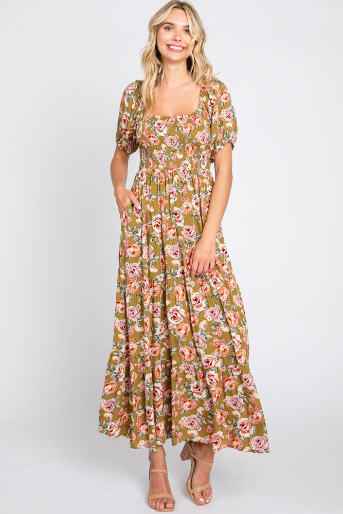 Olive Floral Smocked Square Neck Tiered Maternity Maxi Dress