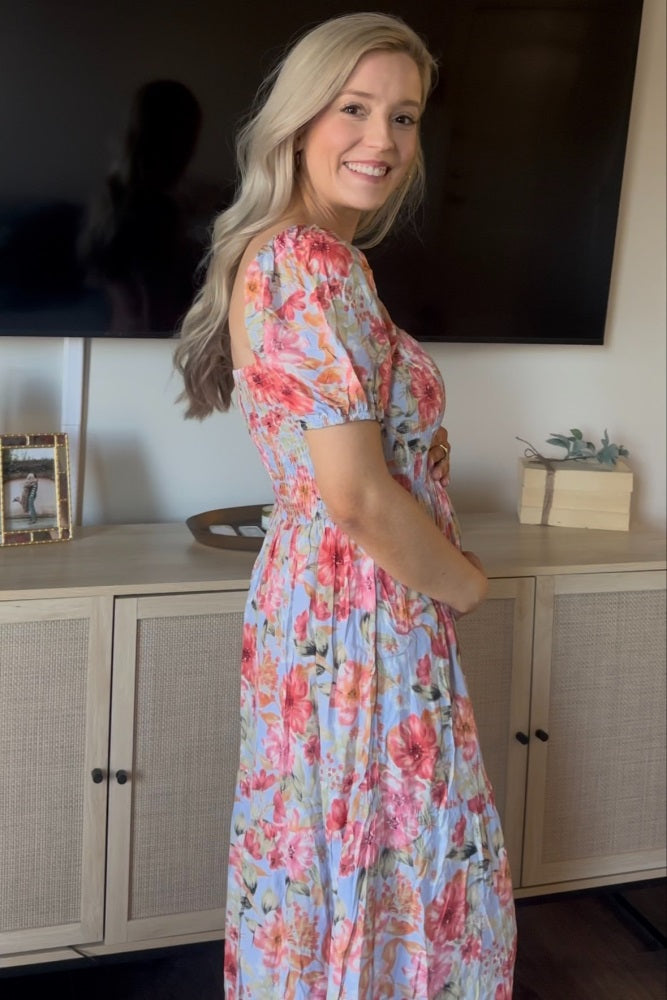 Blue Floral Smocked Square Neck Tiered Maternity Maxi Dress