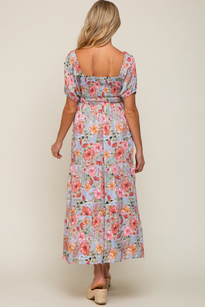 Blue Floral Smocked Square Neck Tiered Maternity Maxi Dress