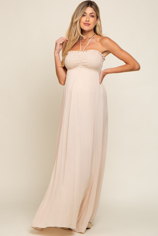 Beige Smocked Halter Maternity Maxi Dress
