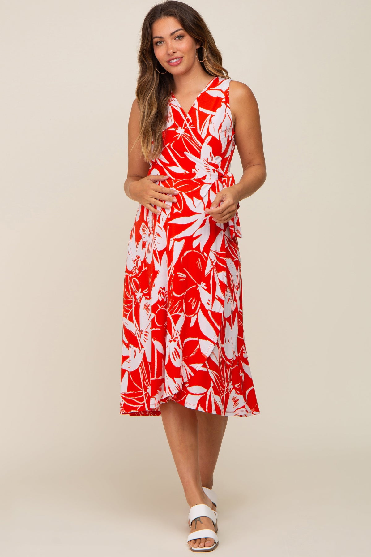 Red Flower Side Tie Maternity Wrap Dress