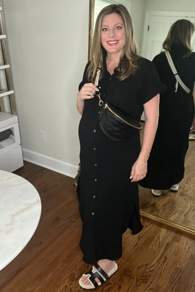 Black Button Down Maternity Midi Dress