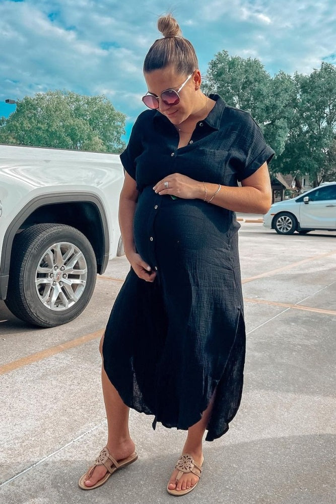 Black Button Down Maternity Midi Dress