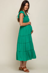 Green Satin Square Ruffle Neck Smocked Sleeveless Maternity Midi Dress