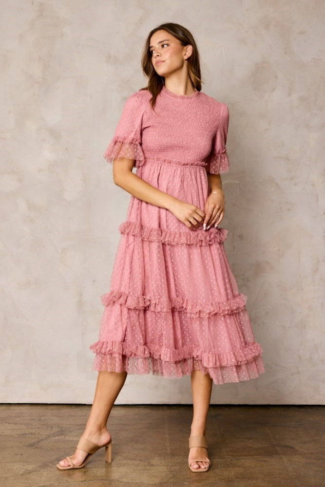 Pink Polka Dot Tulle Smocked Maternity Midi Dress