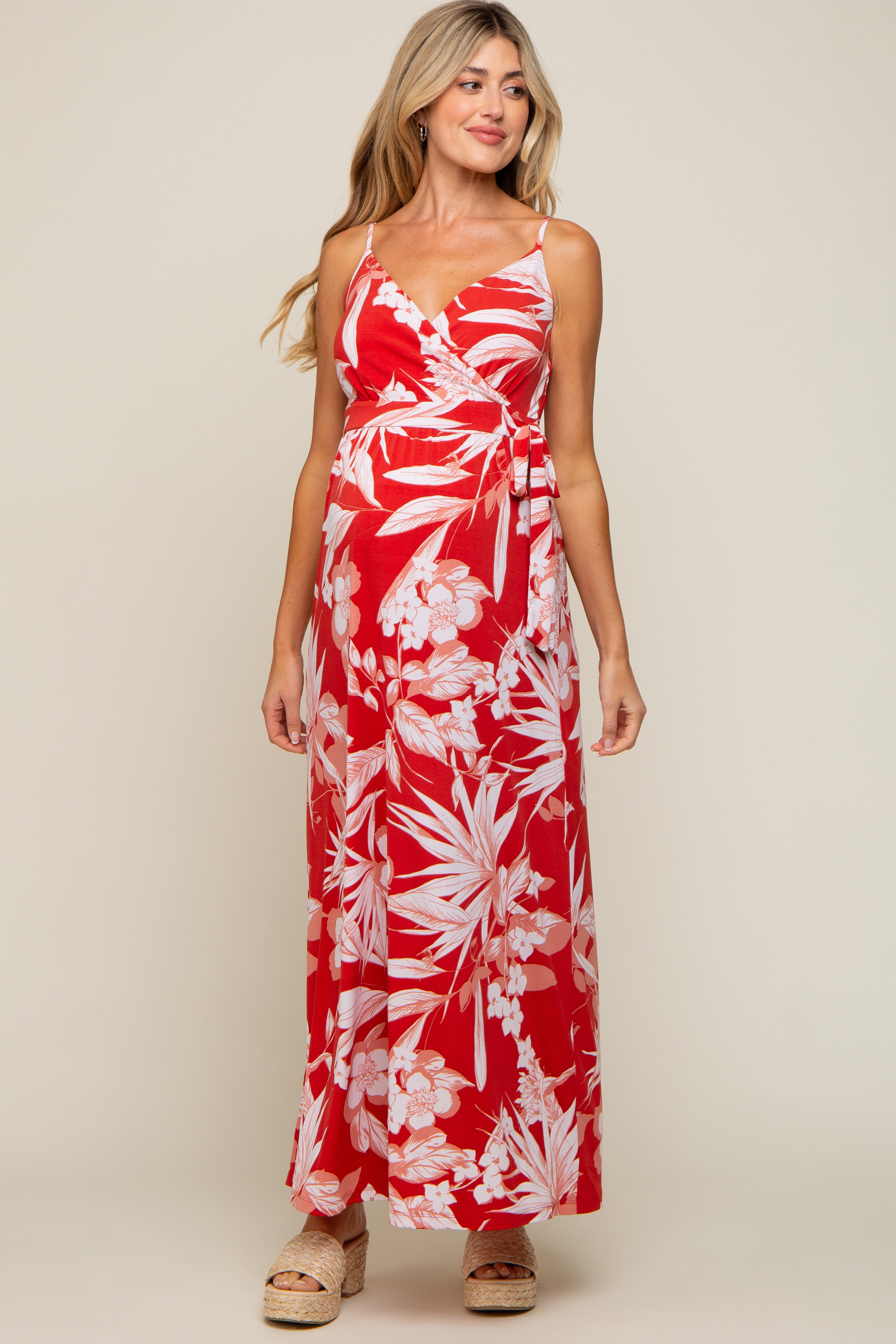 Red Floral Palm Print Wrap Maternity Maxi Dress