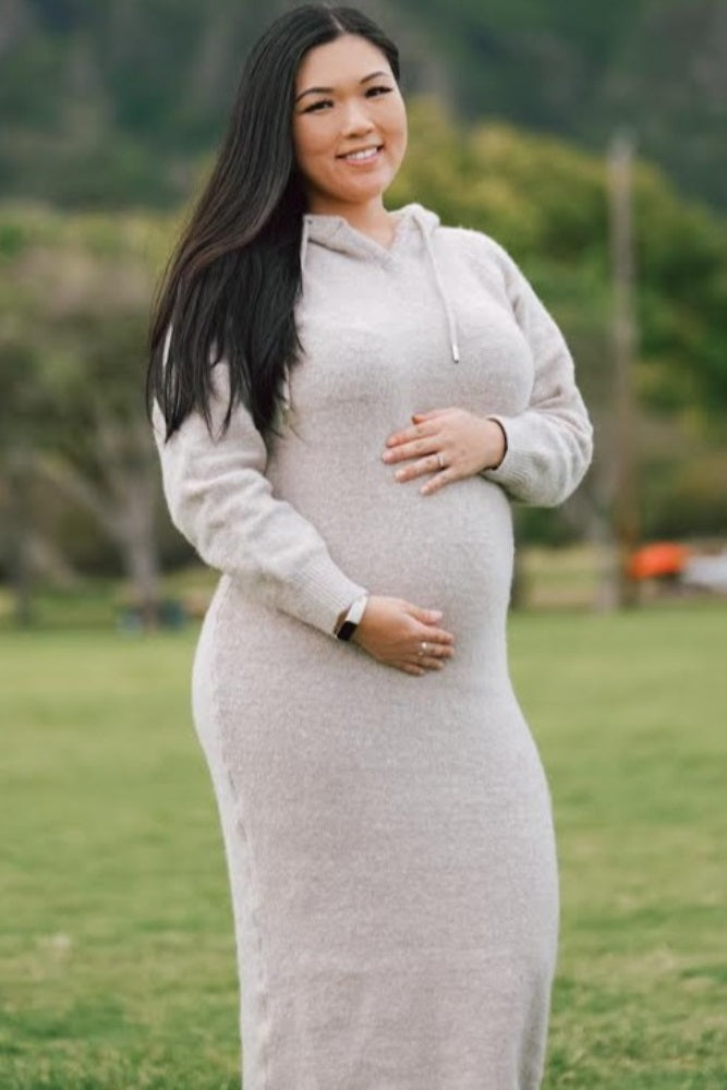 Beige Hooded Maternity Sweater Midi Dress