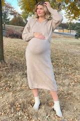 Beige Hooded Maternity Sweater Midi Dress