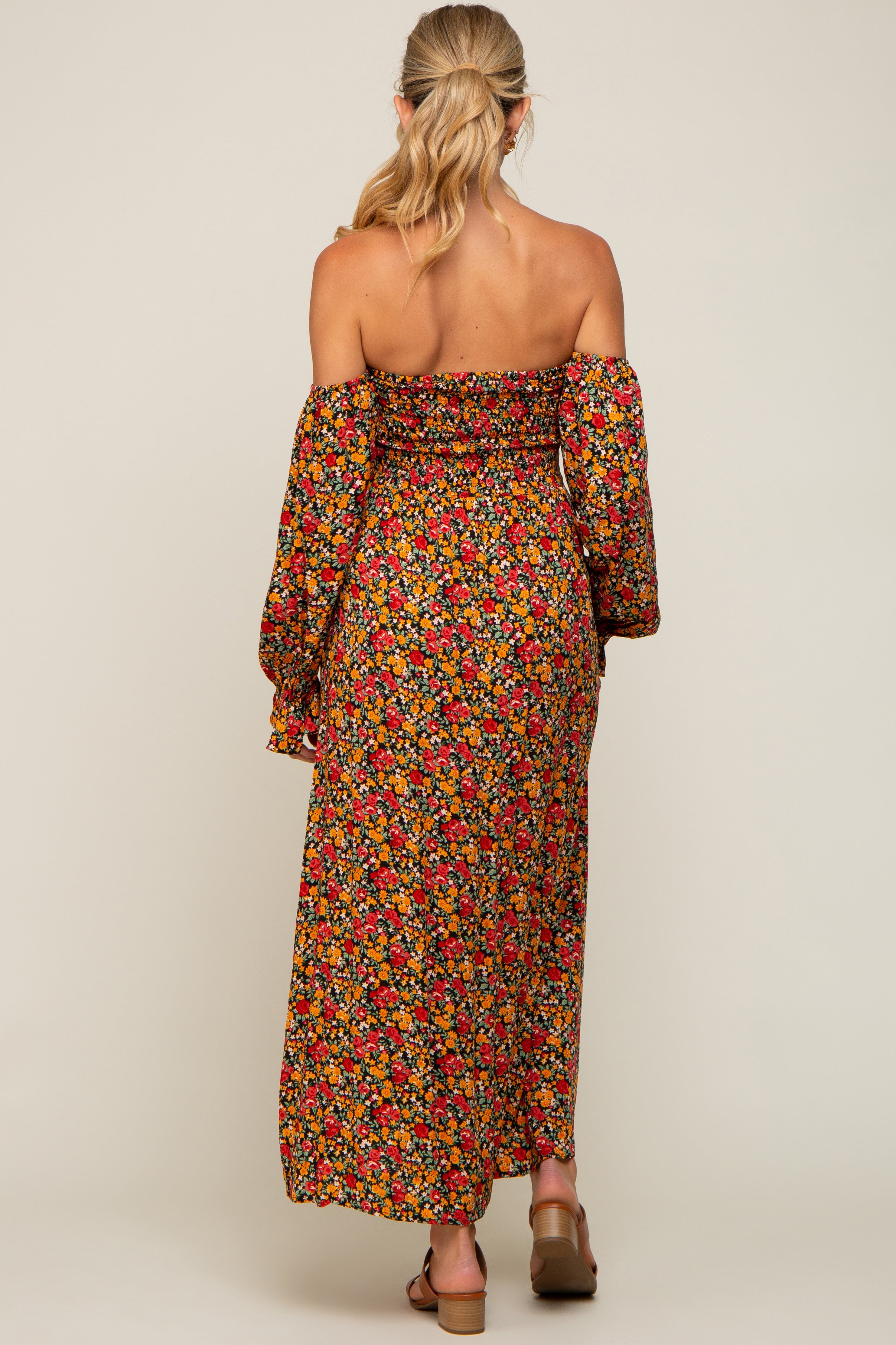 Red Floral Long Sleeve Maternity Maxi Dress