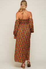 Red Floral Long Sleeve Maternity Maxi Dress