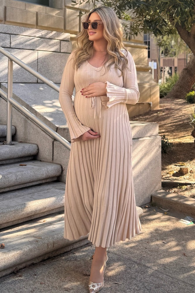 Taupe Ribbed Maternity Knit Maxi Dress