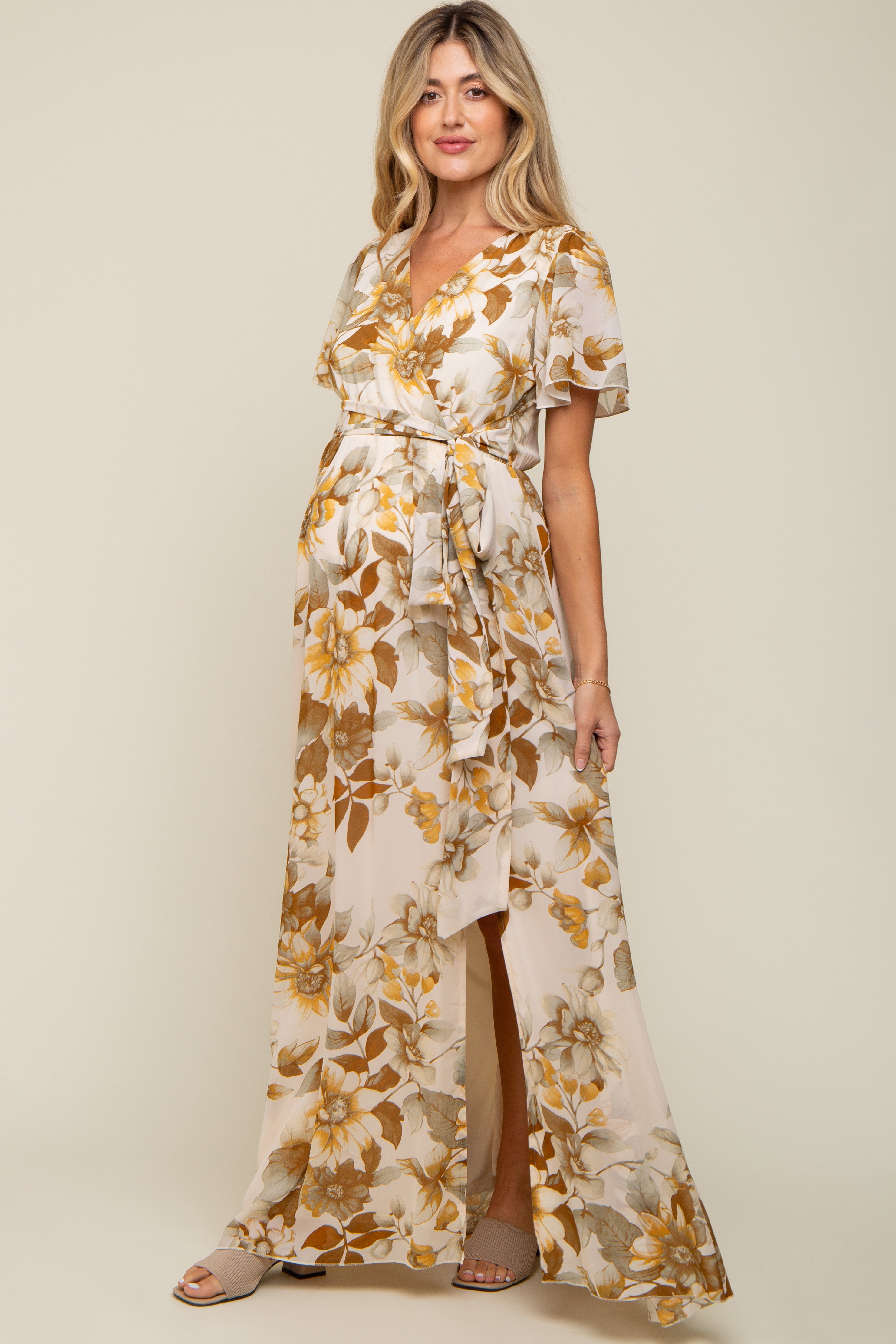 Cream Floral V-Neck Side Slit Maternity Dress