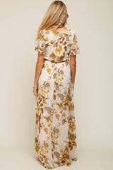 Cream Floral V-Neck Side Slit Maternity Dress