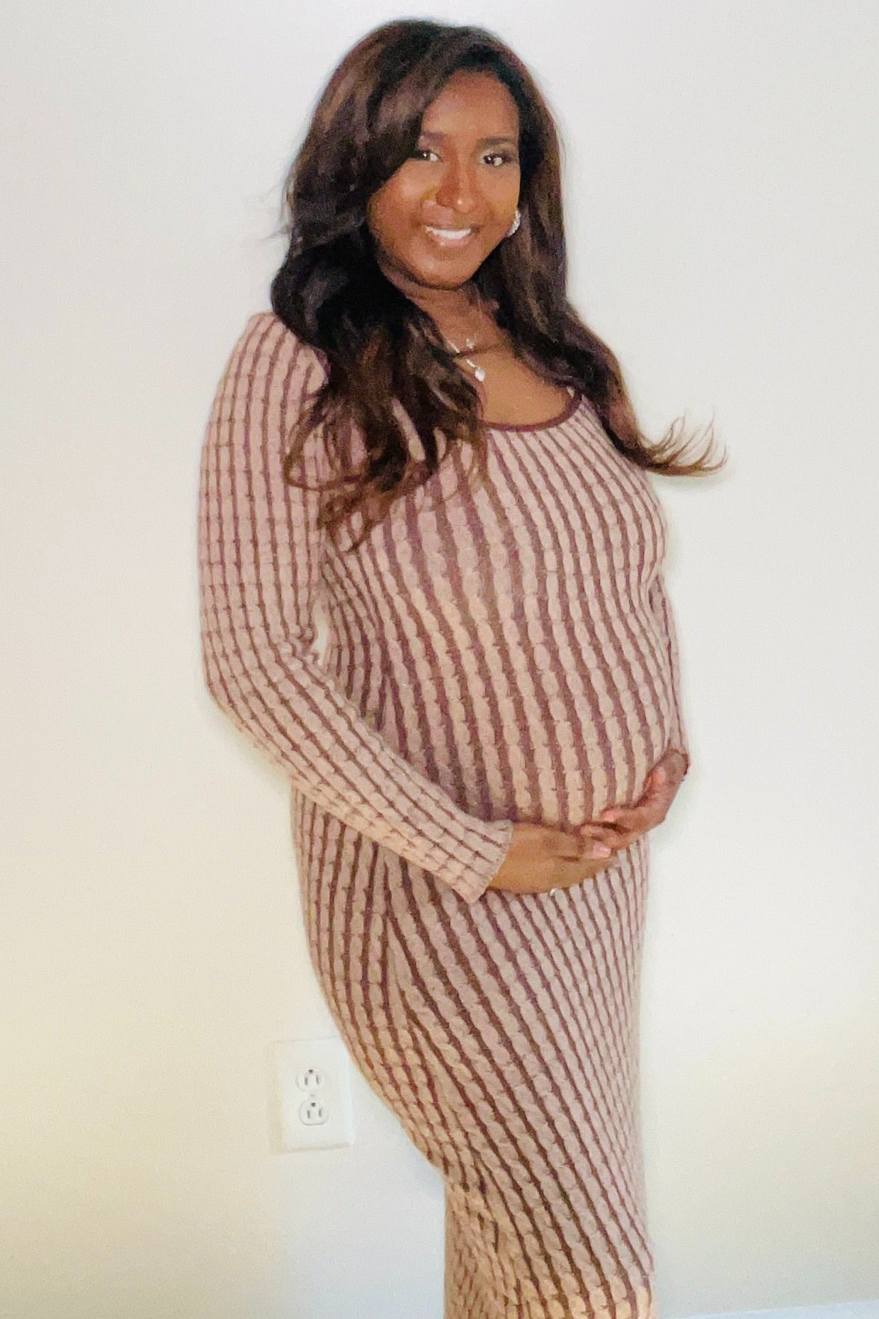 Brown Cable Knit Maternity Fitted Midi Dress