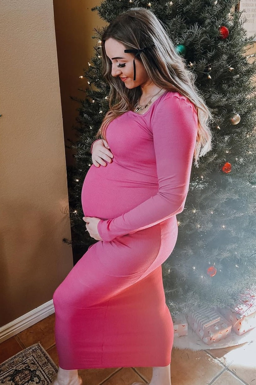 Fuchsia Ribbed Long Sleeve Square Neck Maternity Maxi Dress
