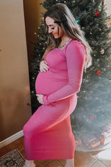Fuchsia Ribbed Long Sleeve Square Neck Maternity Maxi Dress