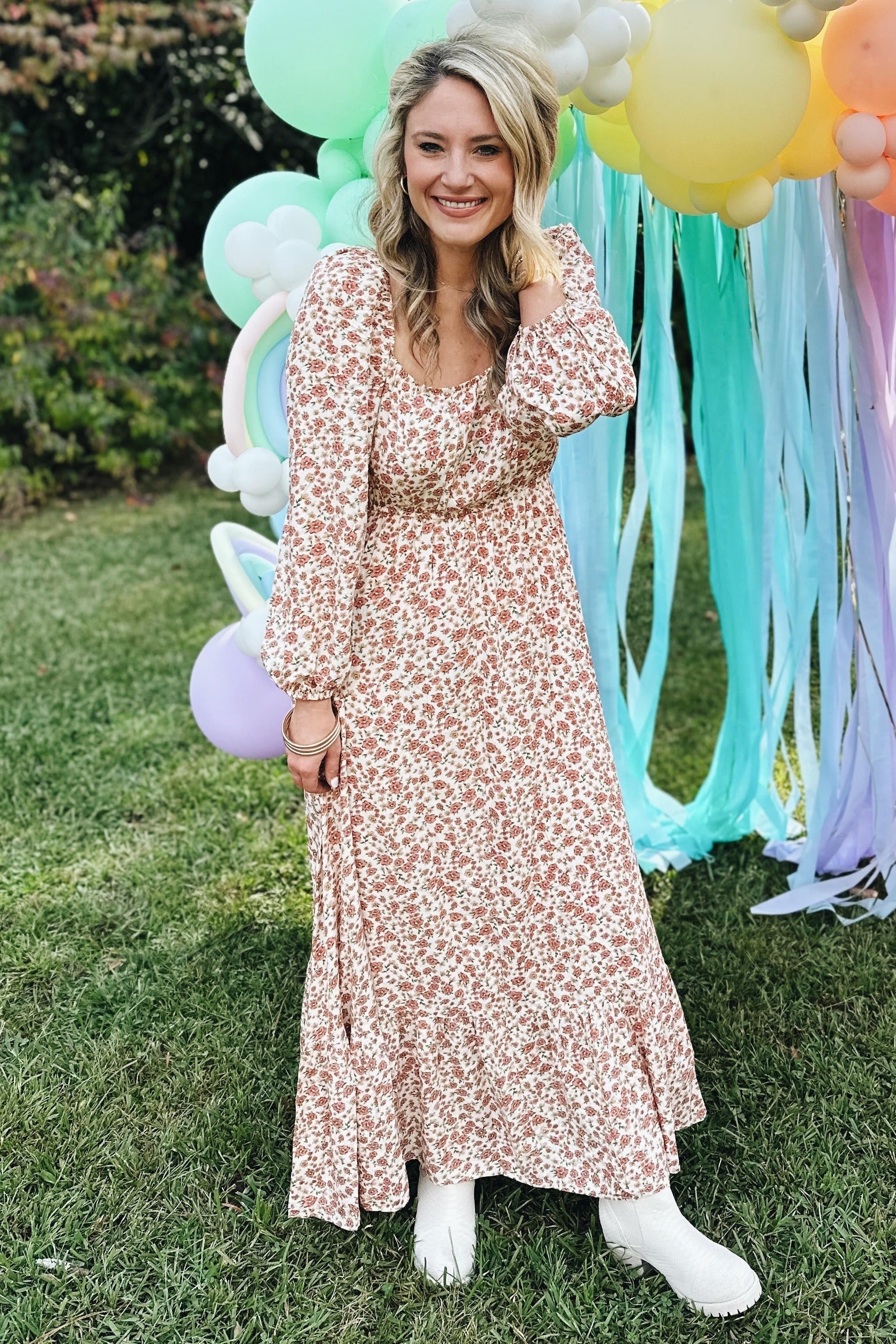 Cream Floral Square Neck Ruffle Maternity Maxi Dress
