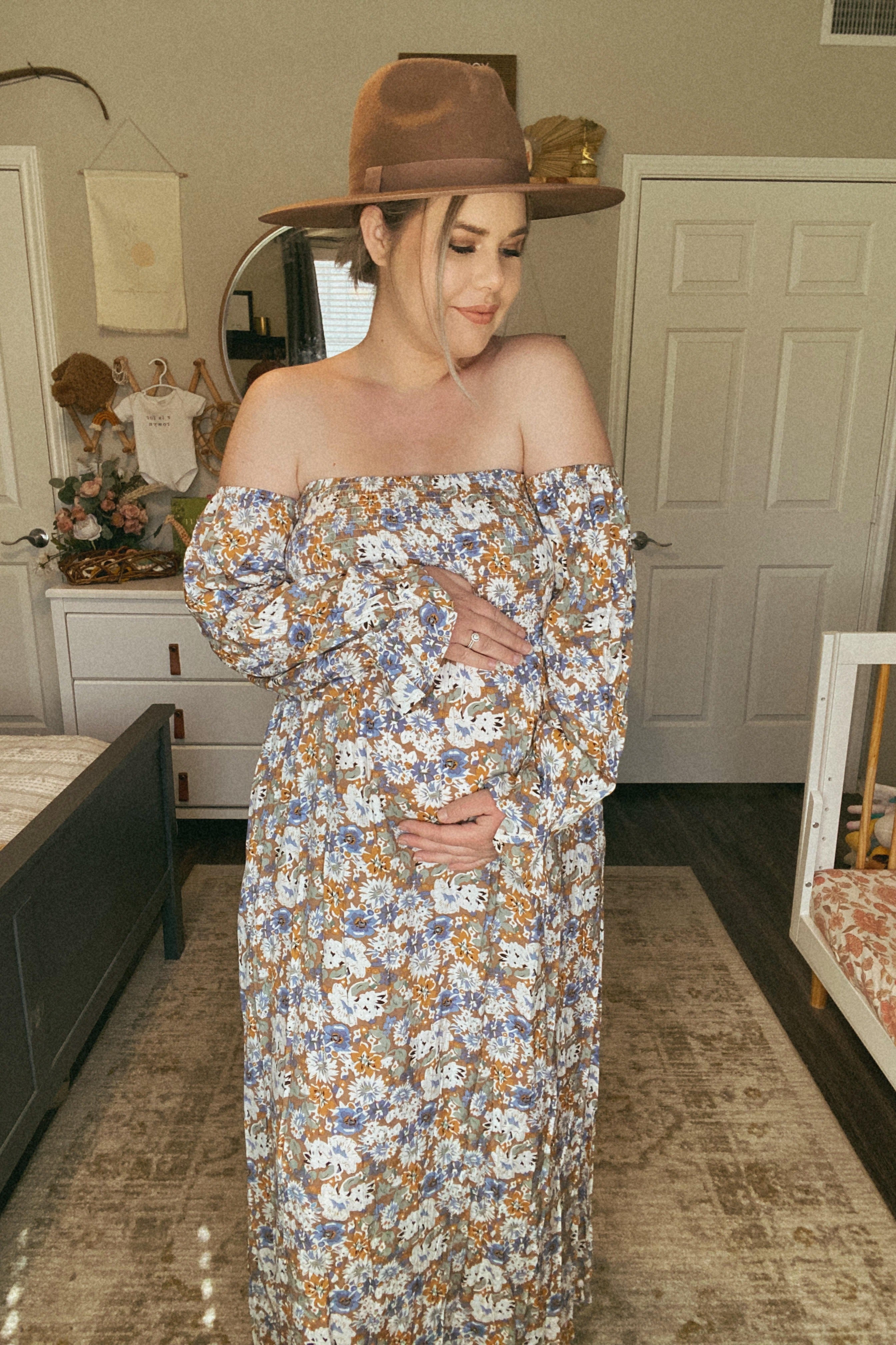 Taupe Floral Print Off Shoulder Smocked Maternity Maxi Dress