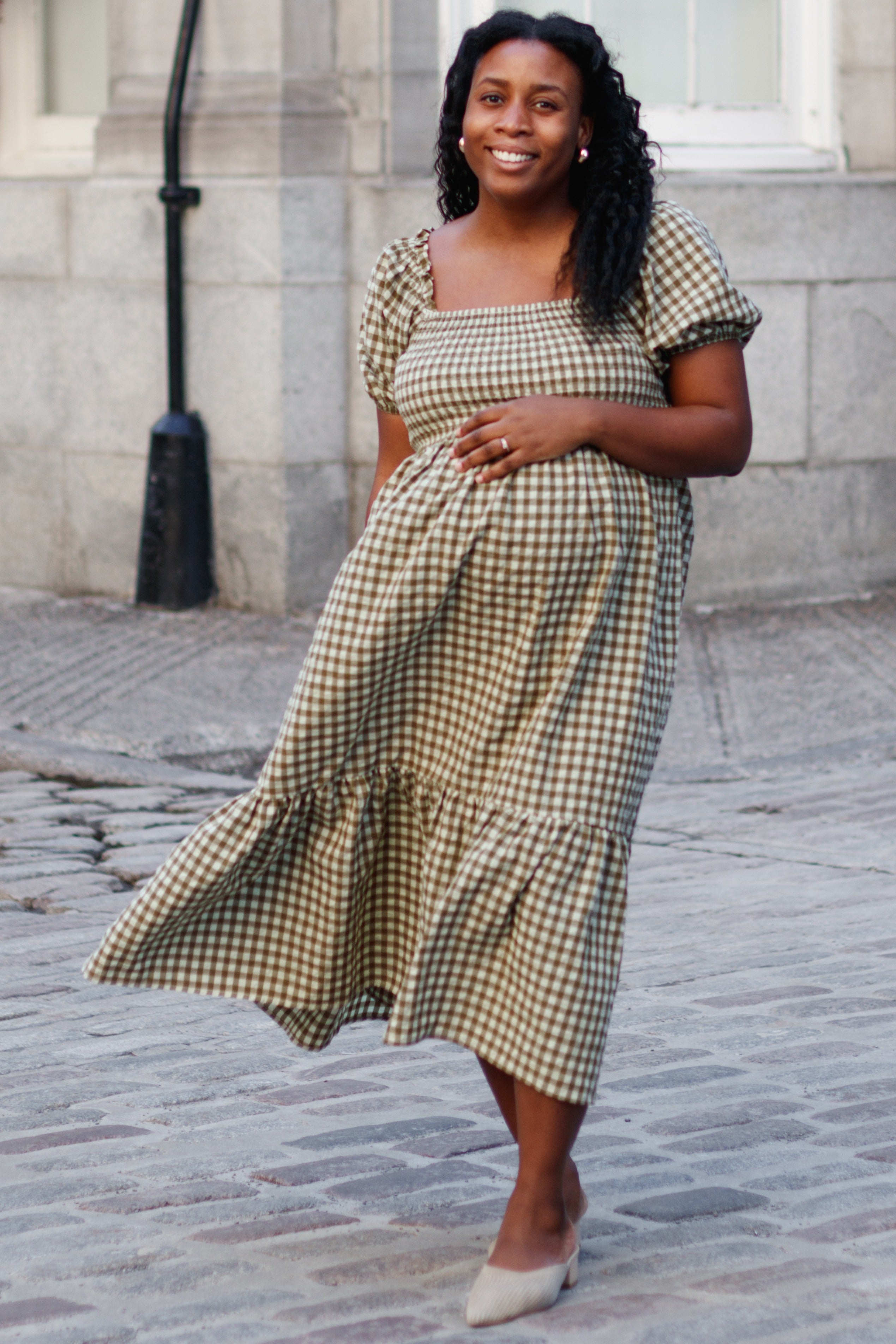 Olive Gingham Smocked Maternity Midi Dress