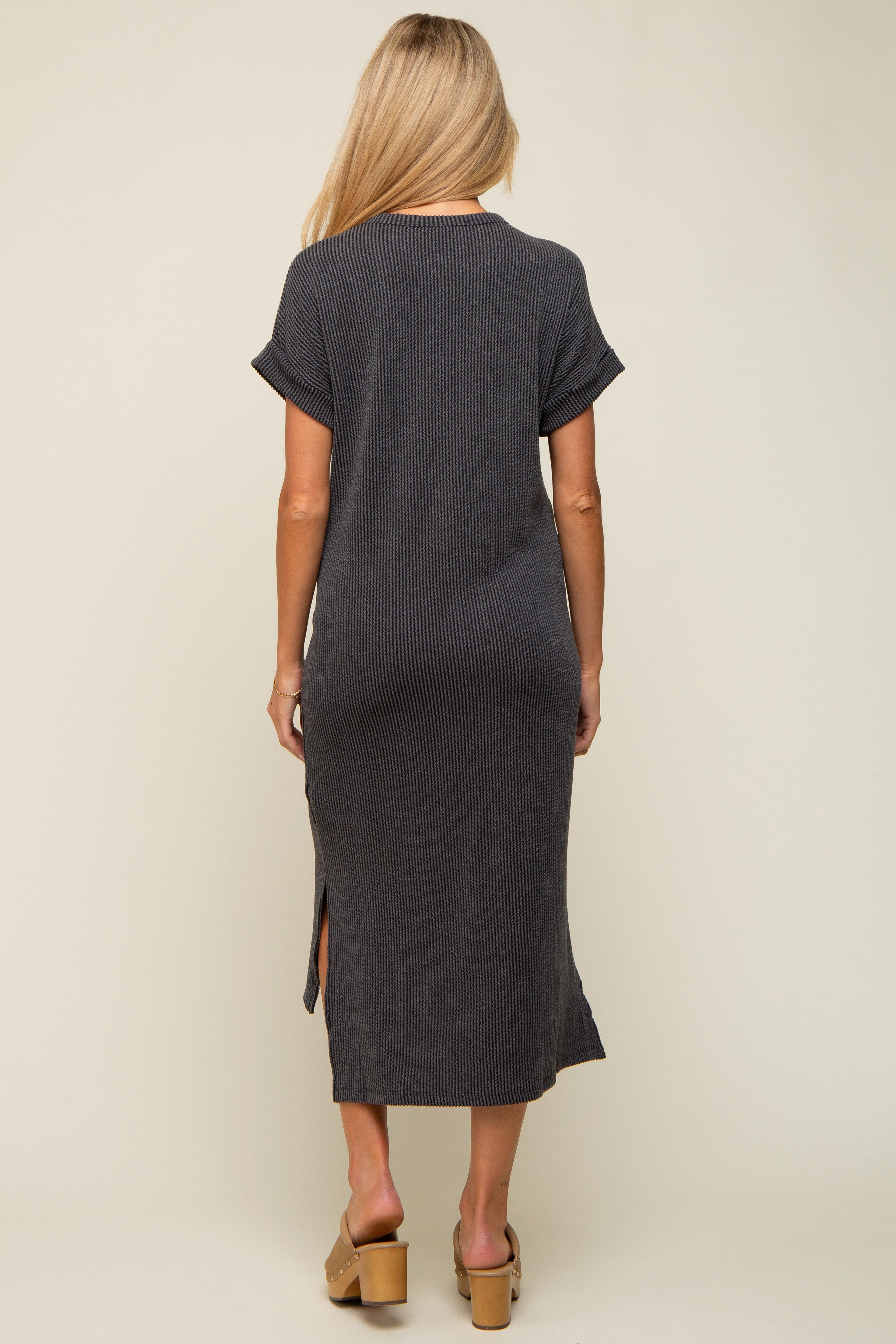 Charcoal Ribbed Short Sleeve Maternity Midi Dress