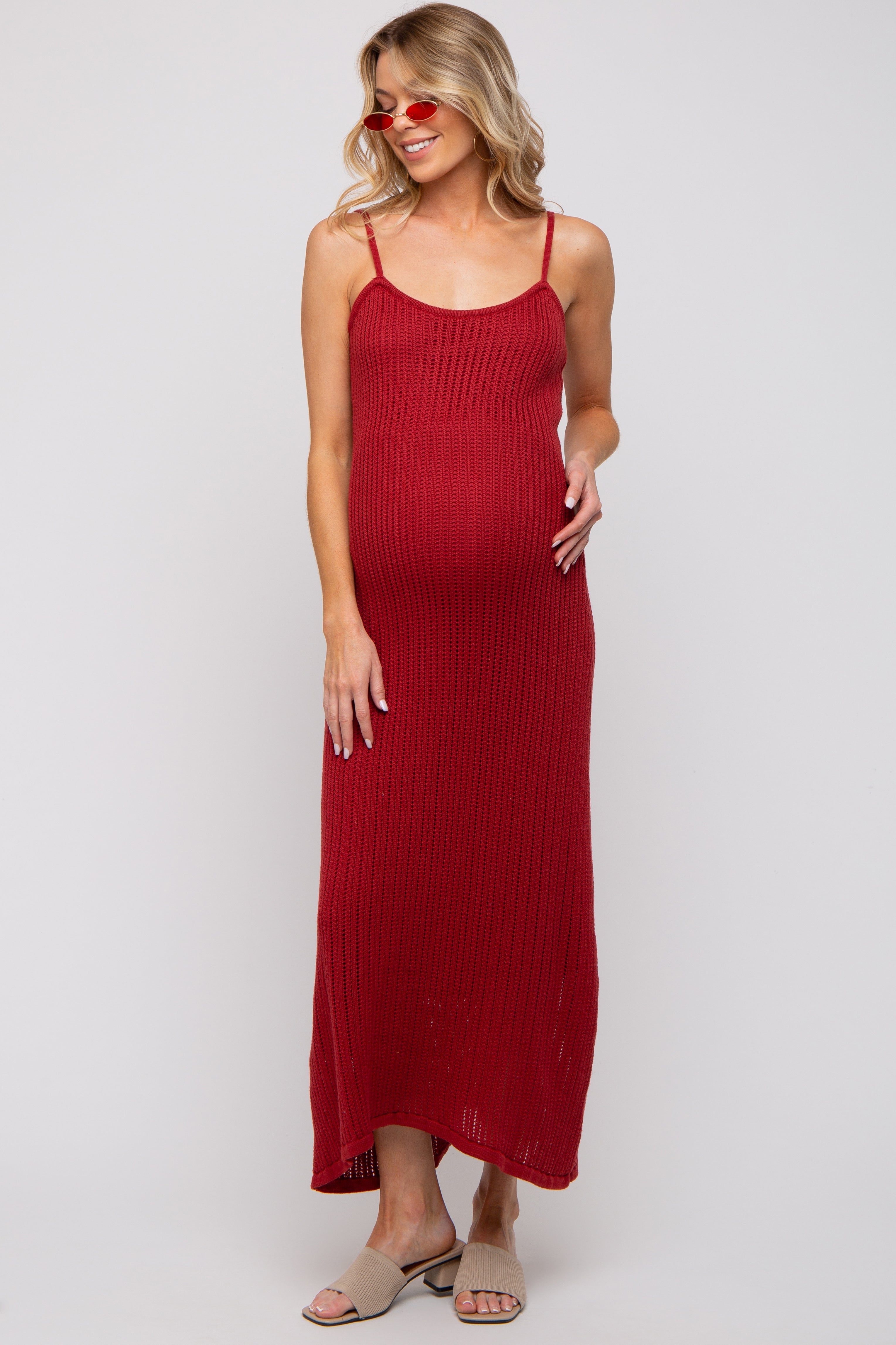 Rust Open Knit Crochet Maternity Midi Dress