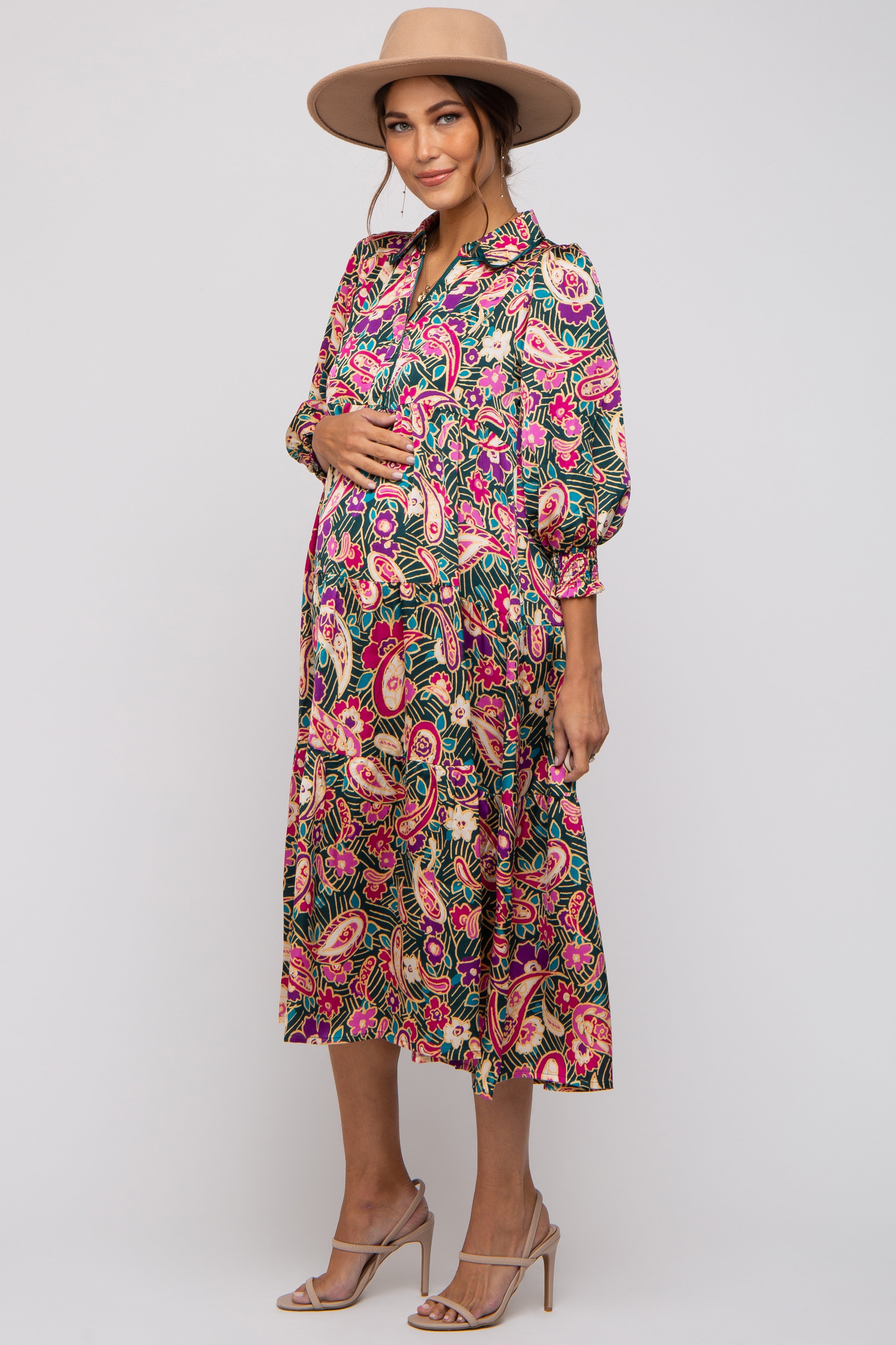 Forest Green Multicolor Floral Paisley Maternity Tiered Dress