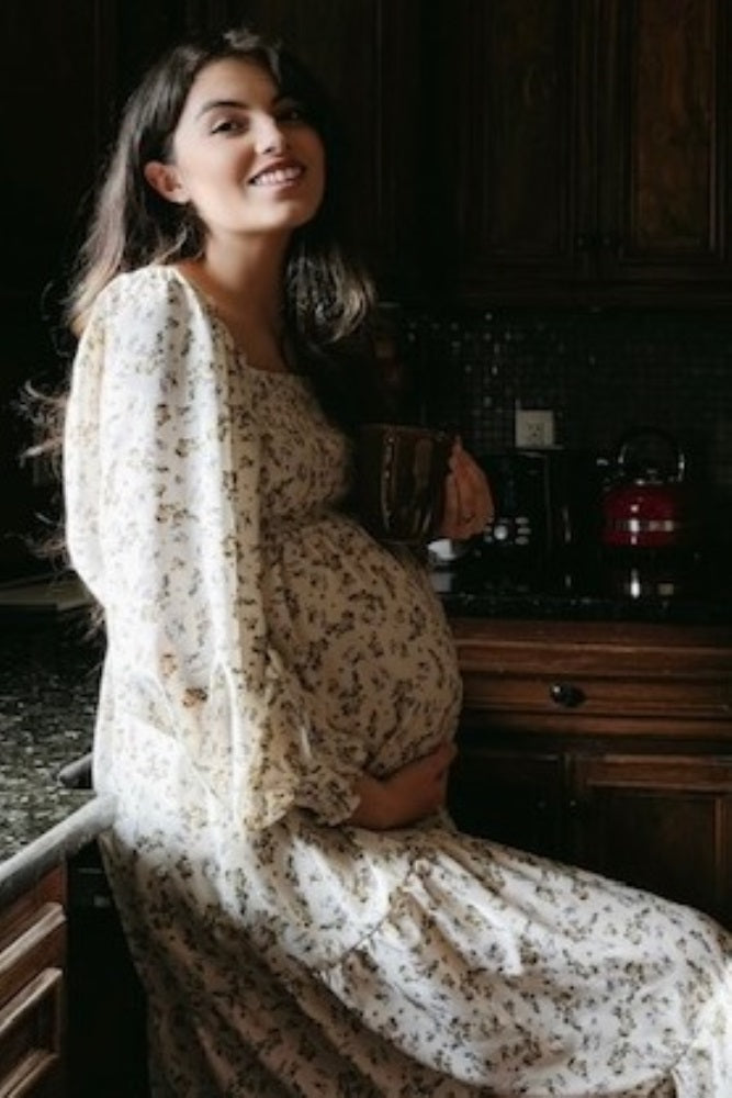 Cream Floral Smocked Long Sleeve Maternity Maxi Dress