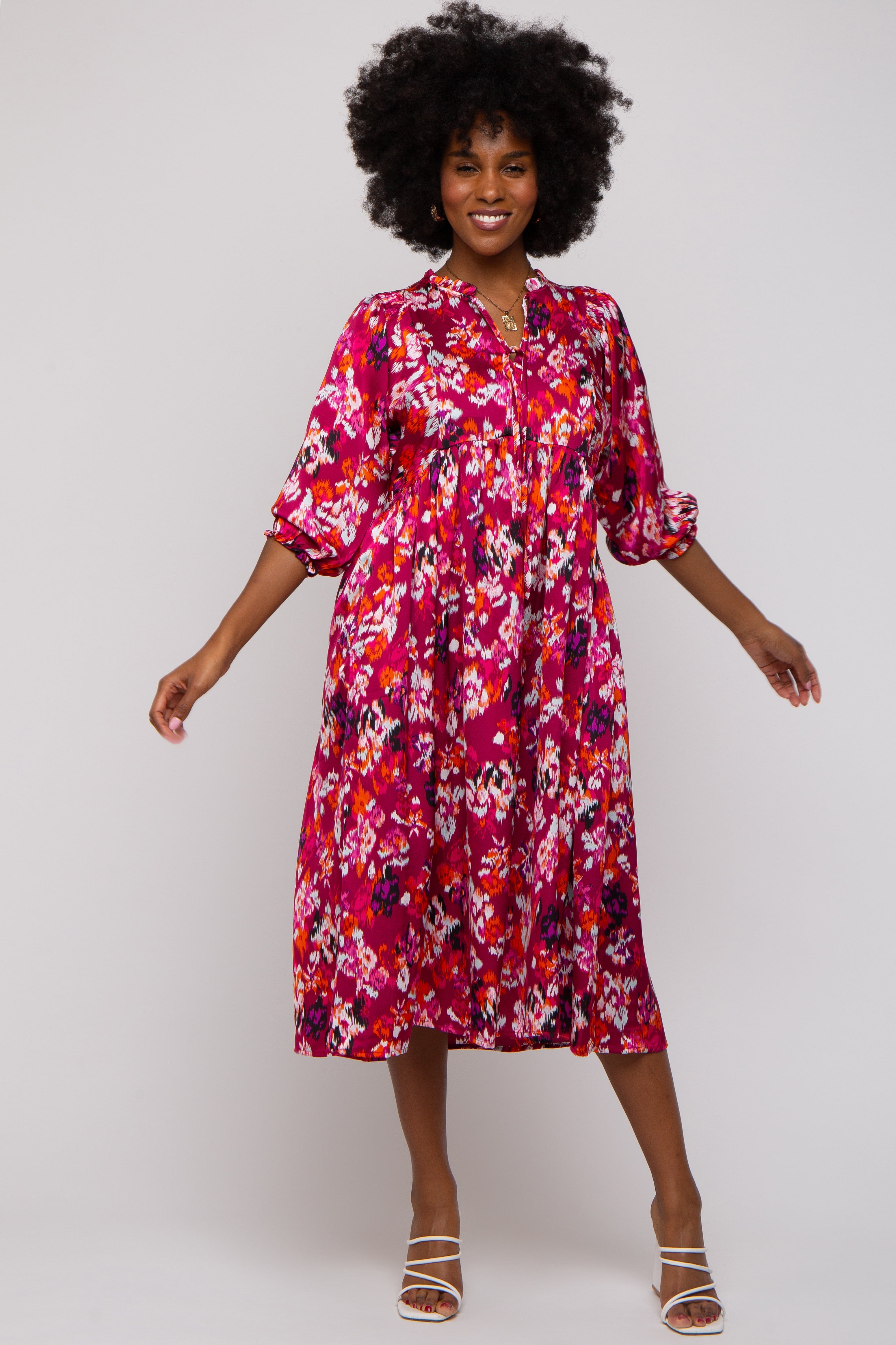 Magenta Floral Satin Ruffle Neck Maternity Midi Dress
