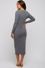 Grey Ribbed Long Sleeve Maternity Wrap Dress