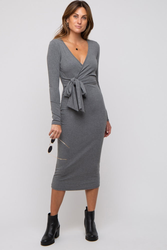 Grey Ribbed Long Sleeve Maternity Wrap Dress