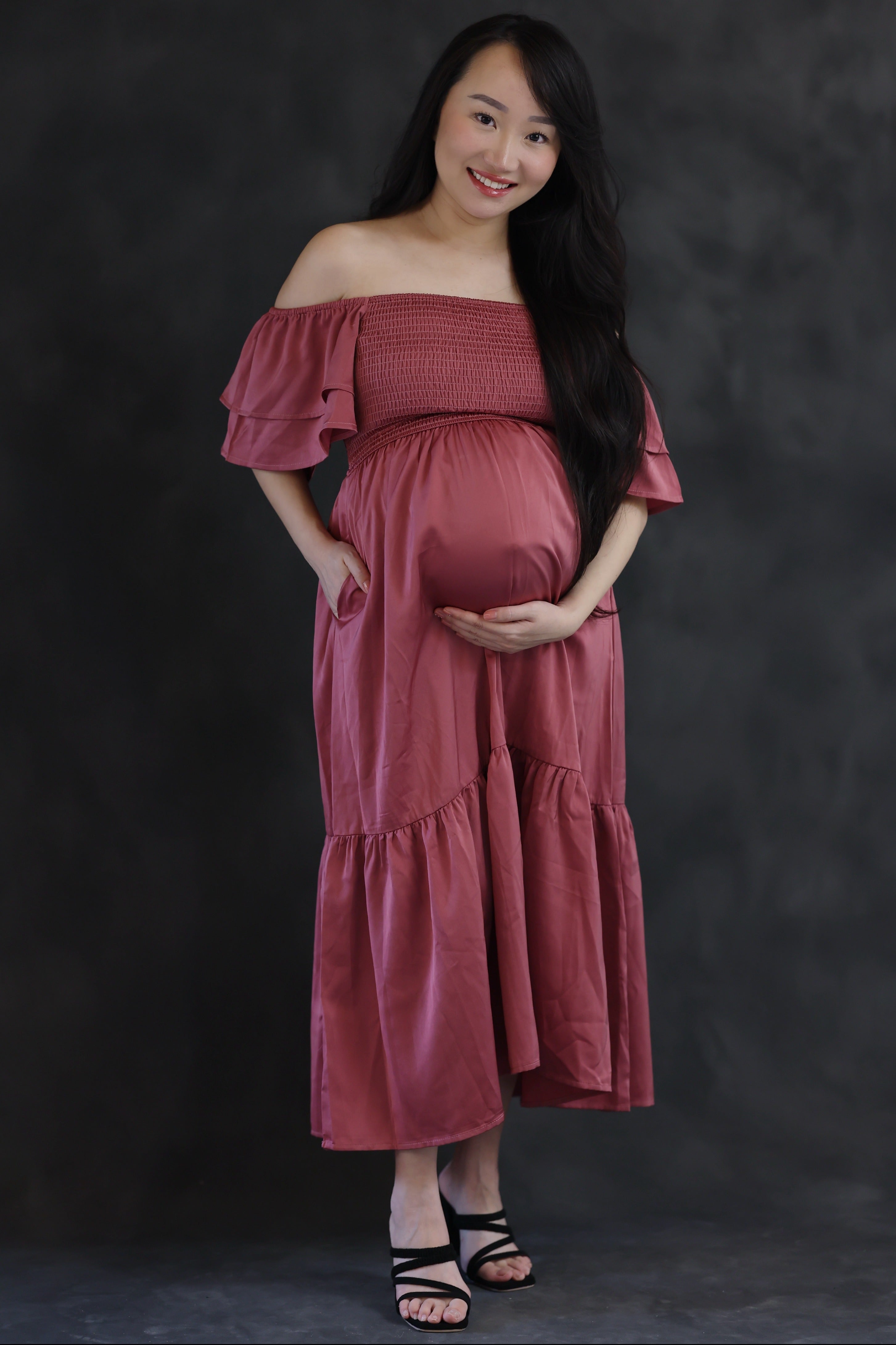 Mauve Satin Flutter Sleeve Maternity Midi Dress
