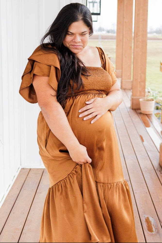 Camel Satin Flutter Sleeve Maternity Midi Dress
