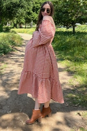 Rust Gingham Long Sleeve Maternity Midi Dress
