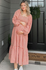 Rust Gingham Long Sleeve Maternity Midi Dress