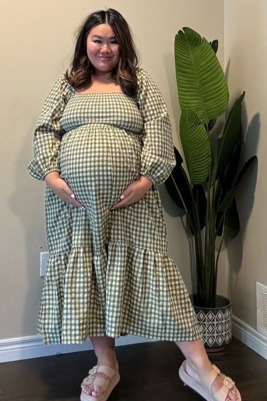 Olive Gingham Long Sleeve Maternity Midi Dress