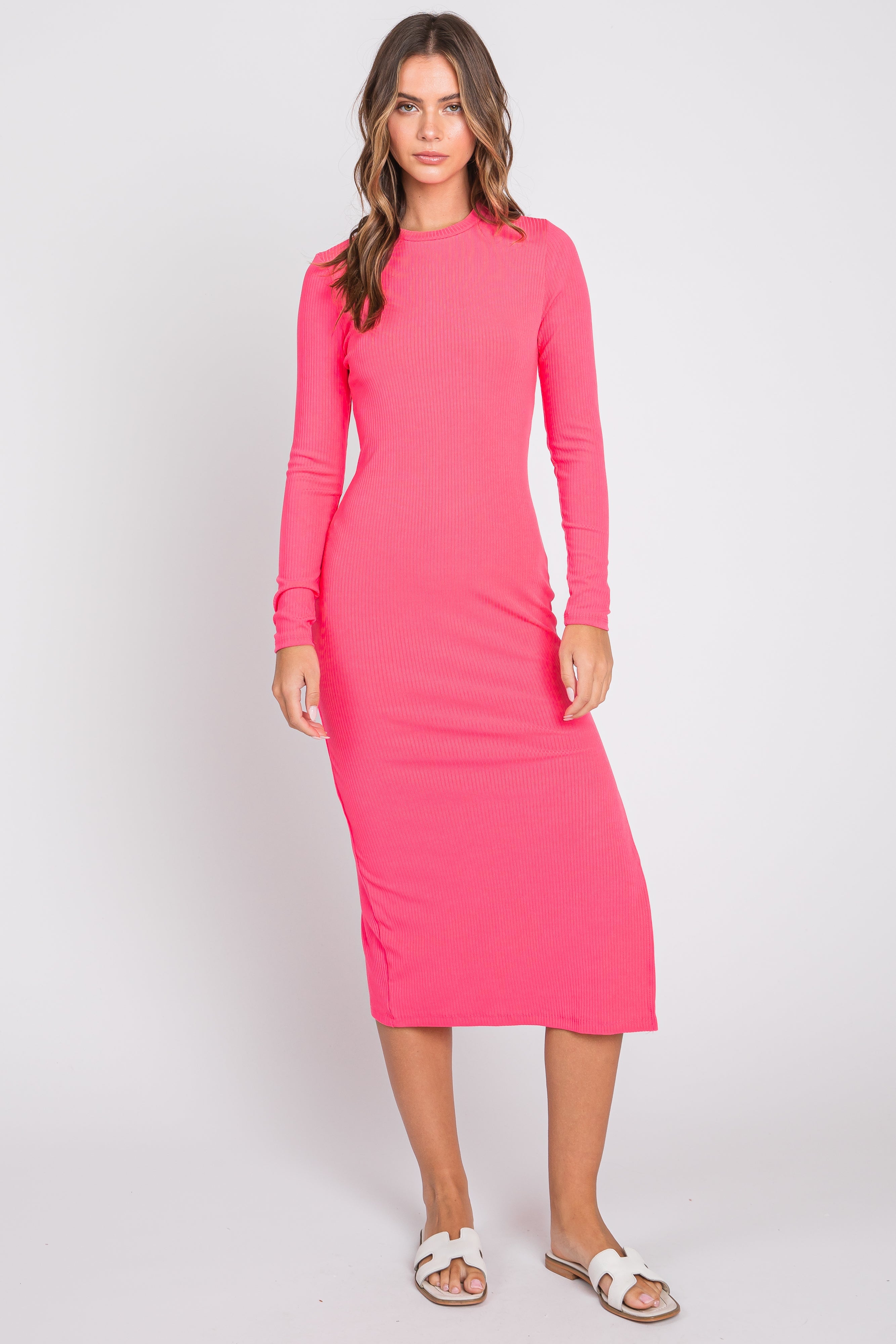 Pink Ribbed Mock Neck Long Sleeve Maternity Midi Dress