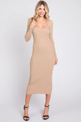 Beige Ribbed Scallop Hem Long Sleeve Maternity Midi Dress