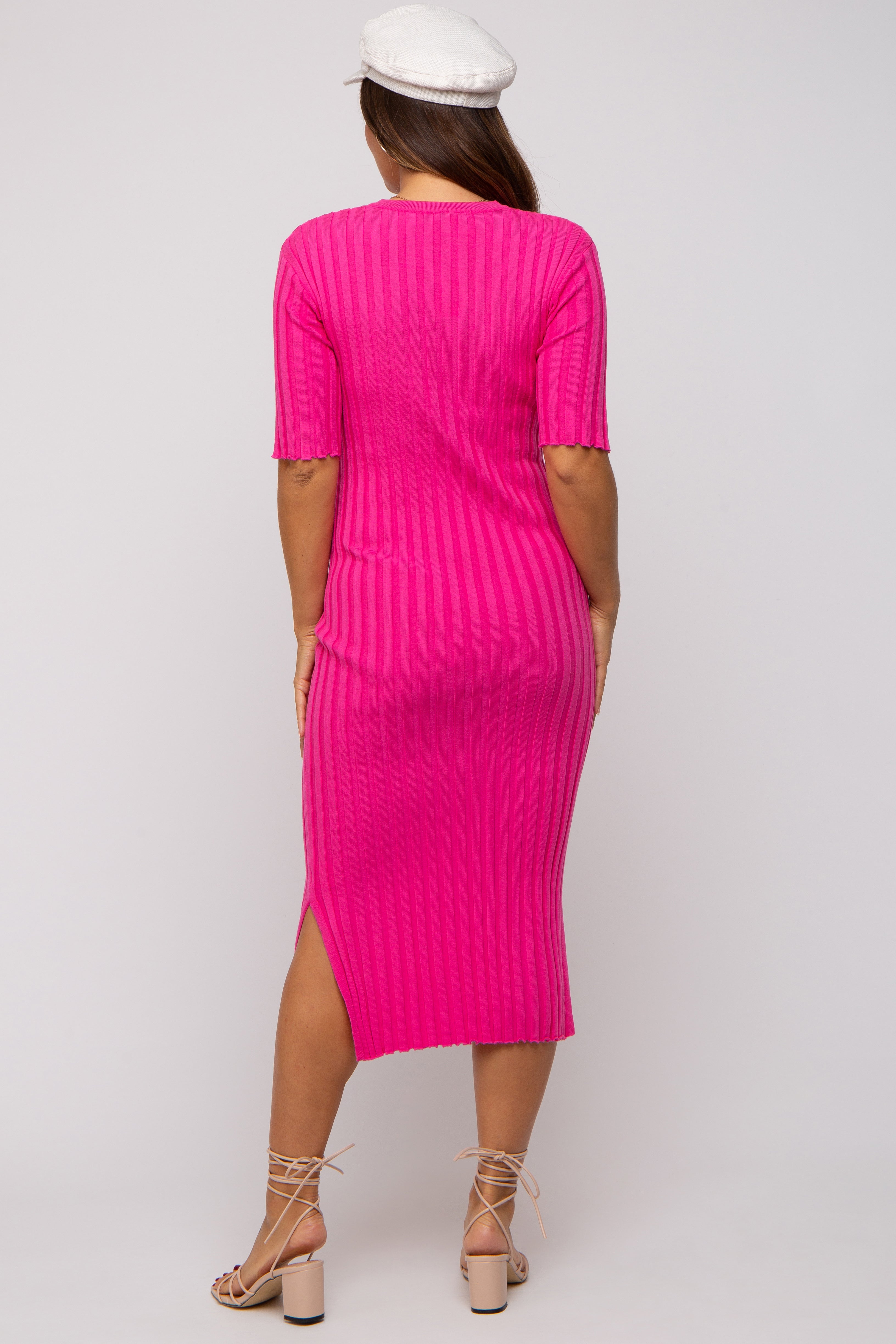 Fuchsia Ribbed Knit Maternity Midi Dress