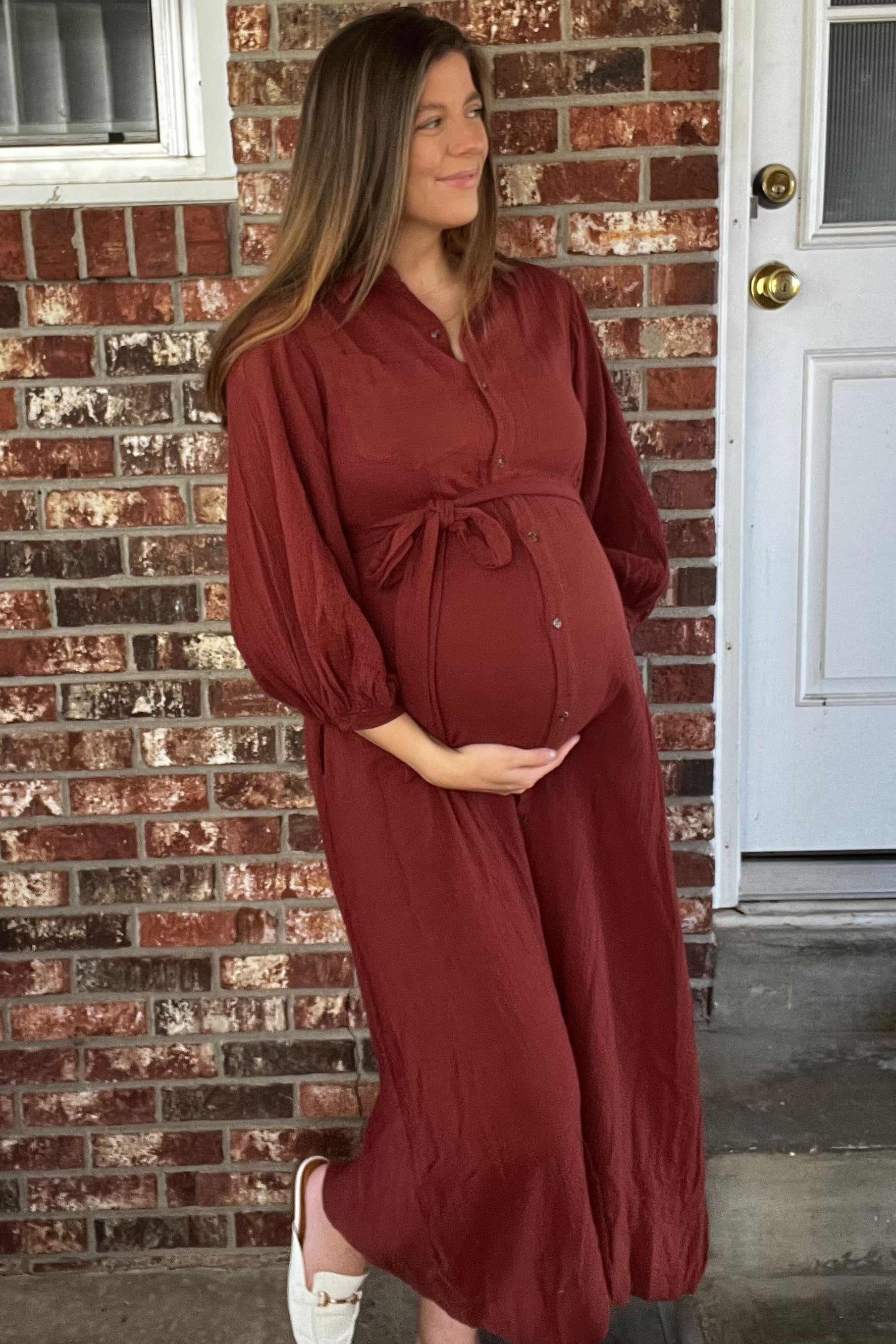 Rust Gauze Belted Shirt Maternity Midi Dress