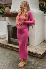Pink Ribbed Long Sleeve Square Neck Maternity Maxi Dress