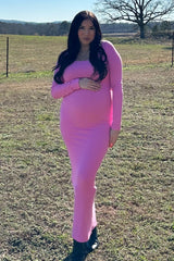 Pink Ribbed Long Sleeve Square Neck Maternity Maxi Dress