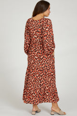Rust Printed Long Sleeve Tiered Maternity Dress